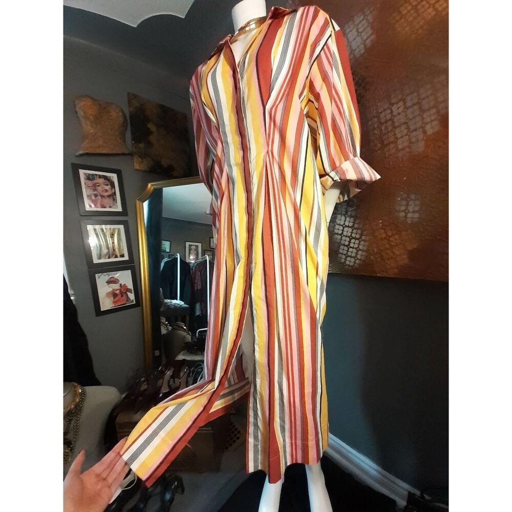 Zara 100% Cotton Striped Button-Front Maxi Shirt Dress in Warm Tones - Picture 6 of 16